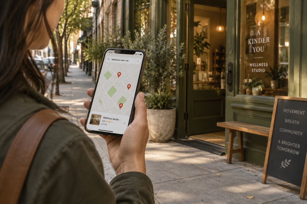 Someone outside a wellness studio, searching a map on their phone.